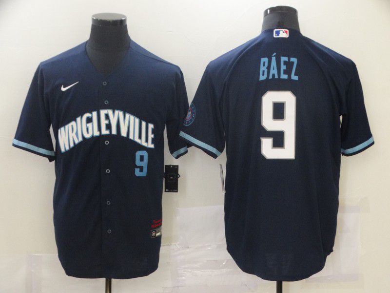 Men Chicago Cubs 9 Baez City Edition Blue Game Nike 2021 MLB Jersey